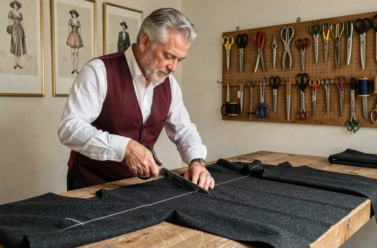 Tailleur découpant du tissu en laine avec de grandes ciseaux professionnelles chez Coup de Ciseaux