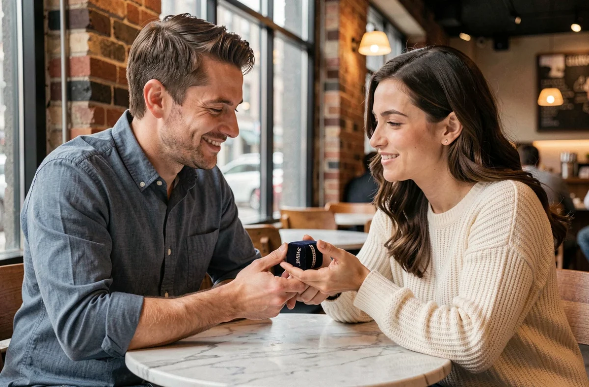 Couple découvrant leurs bracelets assortis personnalisés dans un écrin en velours dans un café parisien