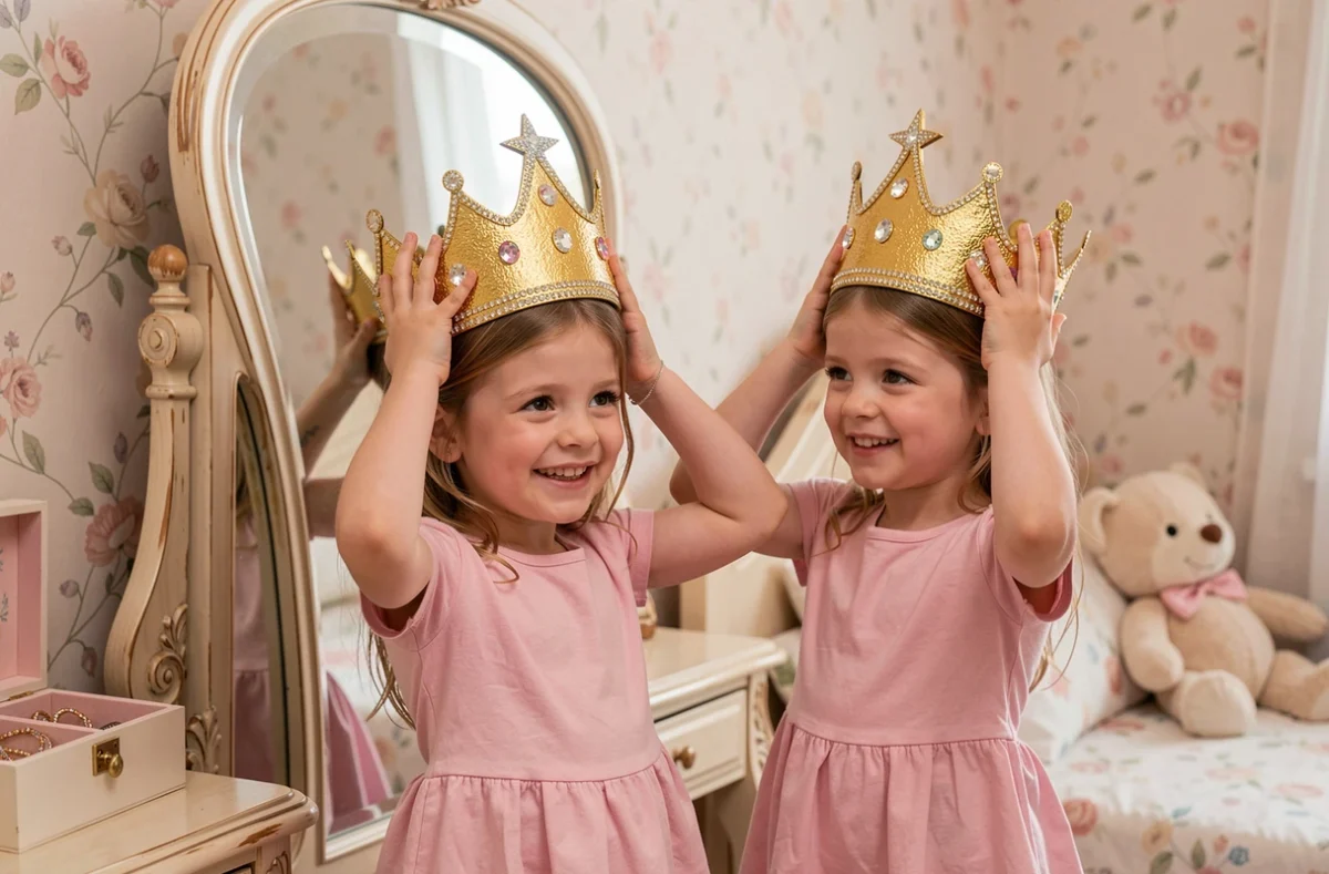 Fillette souriante portant une couronne de princesse dorée avec strass devant un miroir vintage dans une chambre d'enfant décorée