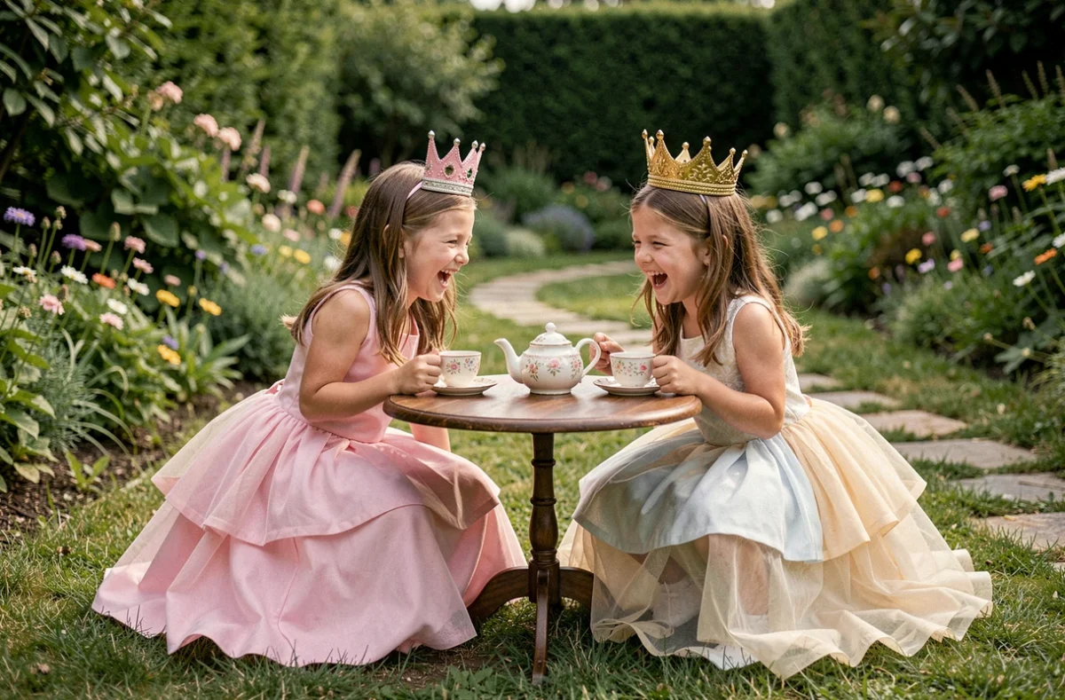 Deux fillettes portant l'une une couronne rose et l'autre une couronne dorée lors d'un goûter princesse en plein air dans un jardin fleuri