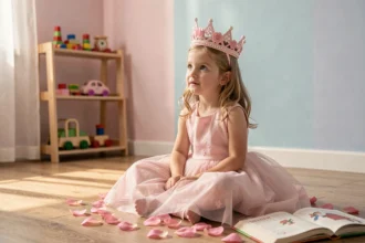 Jeune fille portant une couronne de princesse rose avec des détails floraux assise sur un plancher en bois entourée de pétales de roses et de livres ouverts