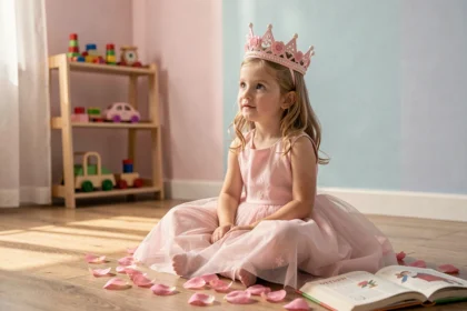 Jeune fille portant une couronne de princesse rose avec des détails floraux assise sur un plancher en bois entourée de pétales de roses et de livres ouverts