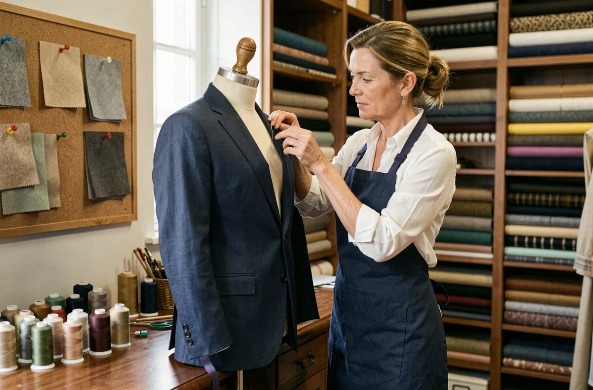 Tailleuse professionnelle épinglant un veston sur mesure dans l'atelier Couture sur Mesure