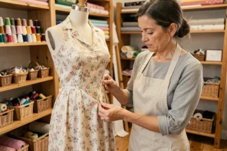 Couturière épinglant un ourlet sur un mannequin de couture dans un atelier à domicile chaleureux