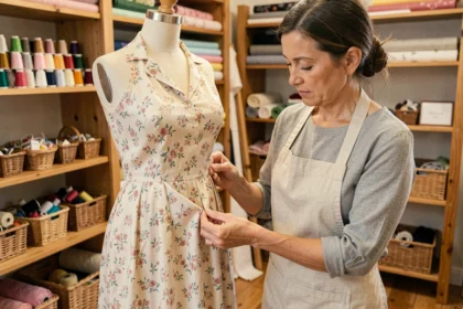 Couturière épinglant un ourlet sur un mannequin de couture dans un atelier à domicile chaleureux