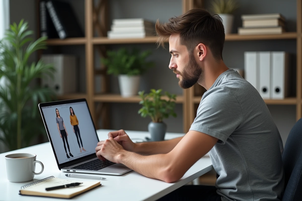 Homme saisissant ses mensurations corporelles sur un ordinateur portable pour créer sa silhouette virtuelle en 3D