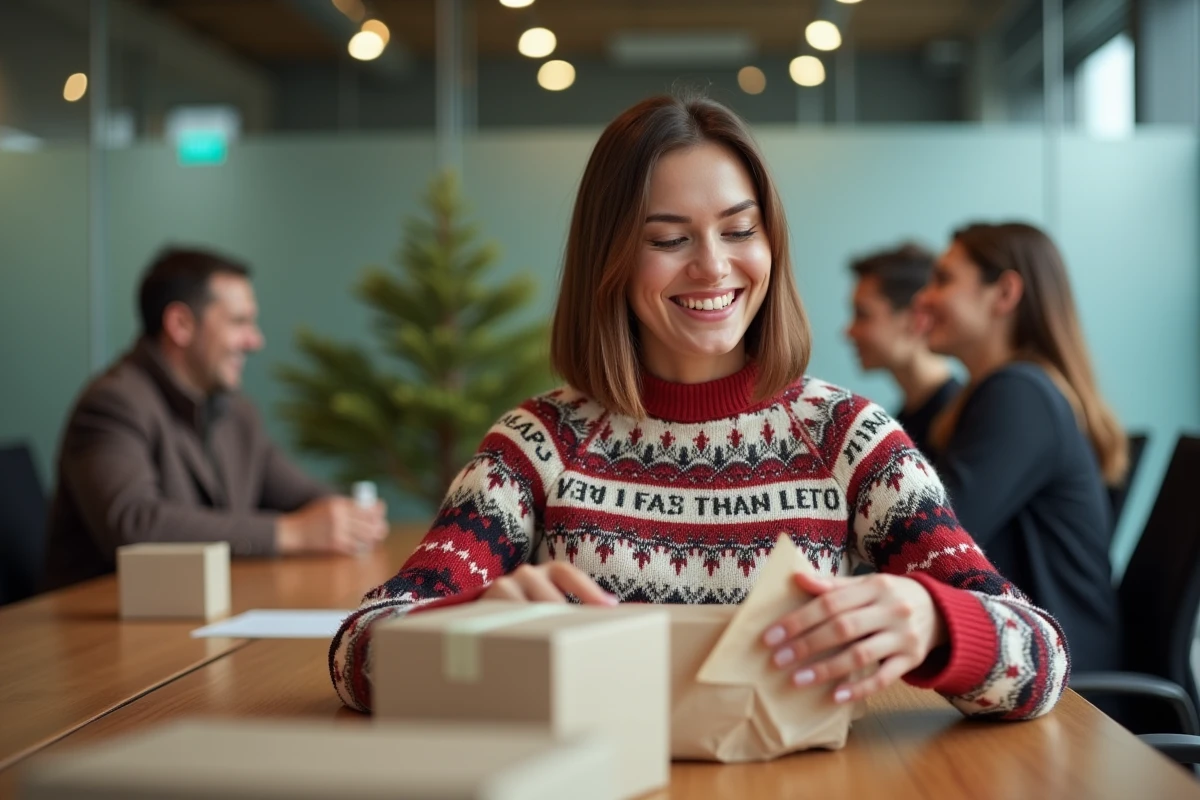 Employée découvrant son pull de Noël personnalisé avec logo d'entreprise lors d'une séance de déballage en salle de réunion