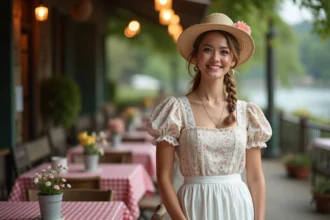 Femme en déguisement guinguette chic avec robe fleurie, tablier en dentelle et chapeau de paille près d'une table en bois décorée