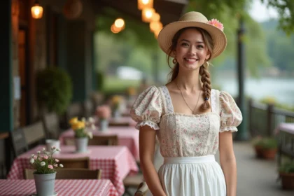 Femme en déguisement guinguette chic avec robe fleurie, tablier en dentelle et chapeau de paille près d'une table en bois décorée