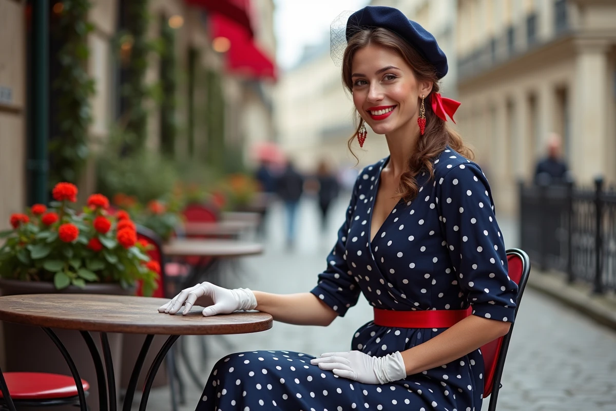 Femme assise en tenue guinguette élégante robe à pois bleu marine et béret voilé sur terrasse parisienne en pavés
