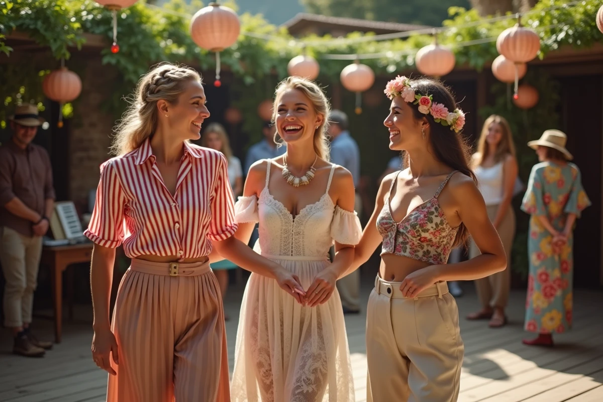 Trois femmes en déguisements guinguette variés sur une piste de danse en bois en plein air avec lanternes et décoration rétro