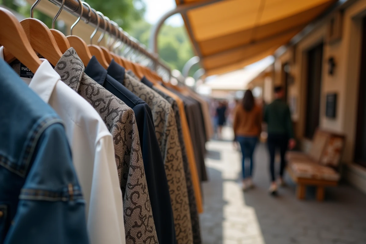 Détail d'étiquettes et coutures sur des vêtements de marque dans un marché de déstockage en plein air