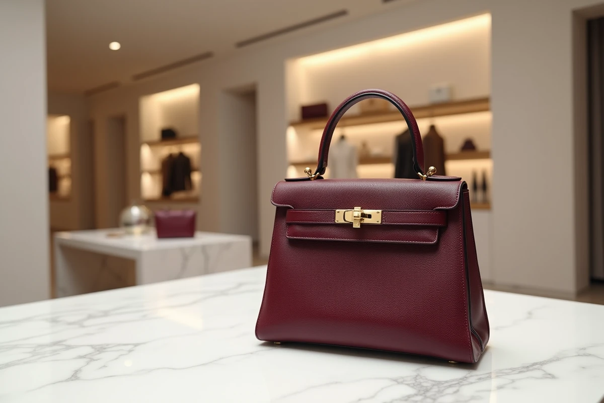 Détail d'un sac en cuir bordeaux édition limitée d'une marque française posé sur un comptoir en marbre blanc dans une boutique de luxe