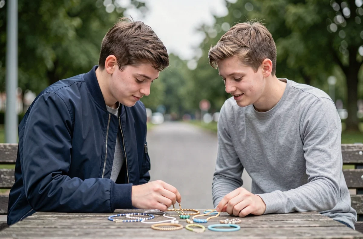 Deux adolescents garçons comparant des colliers assis sur un banc de parc