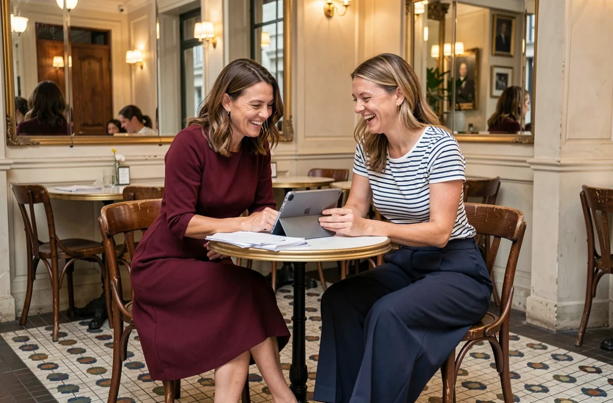 Deux femmes de plus de 40 ans élégamment habillées consultant des tenues JOHANNA Paris sur une tablette dans un café parisien