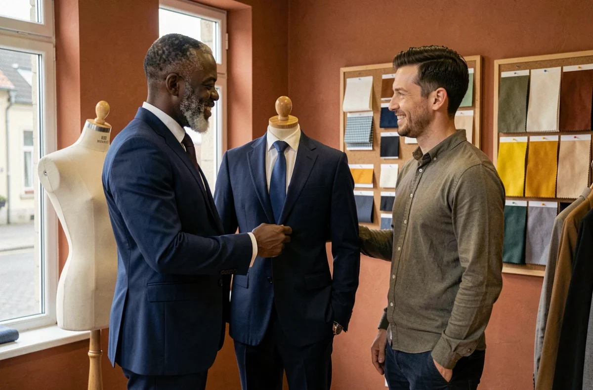 Tailleur sur mesure présentant un costume finalisé à son client dans son atelier chaleureux à Metz