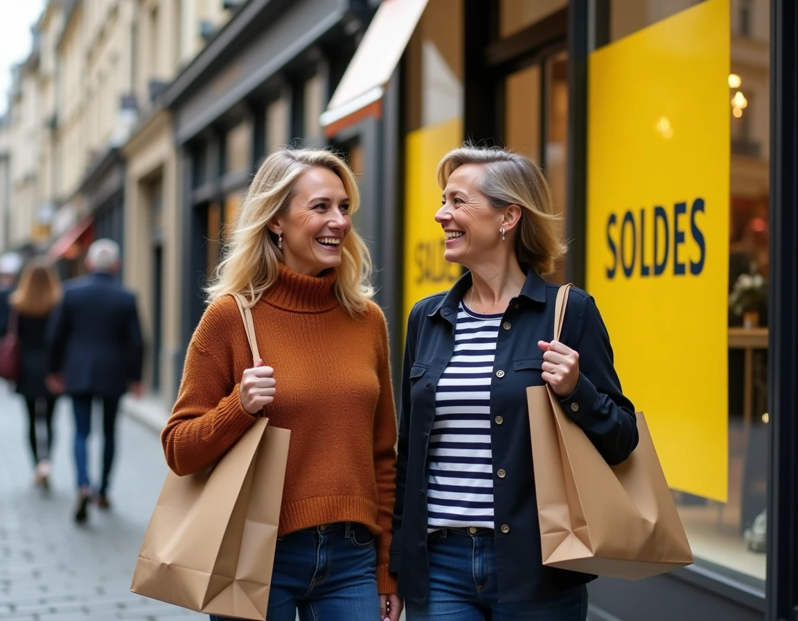 Deux femmes faisant du shopping pendant les soldes dans une rue commerçante française avec des vitrines affichant des promotions