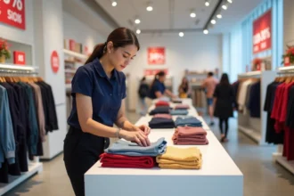 Employée H&M en uniforme pliant des vêtements sur une table d'exposition pendant les soldes en magasin