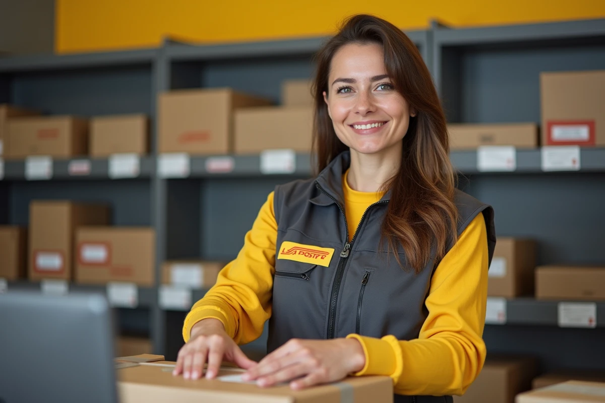 Employée La Poste en tenue de dotation officielle triant des colis dans un bureau de poste intérieur
