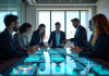 Groupe de jeunes professionnels autour d'une table futuriste en réunion