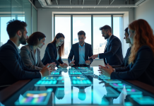 Groupe de jeunes professionnels autour d'une table futuriste en réunion