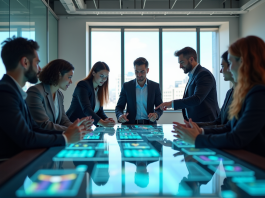 Groupe de jeunes professionnels autour d'une table futuriste en réunion