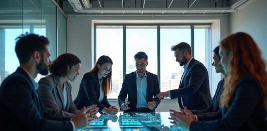 Groupe de jeunes professionnels autour d'une table futuriste en réunion