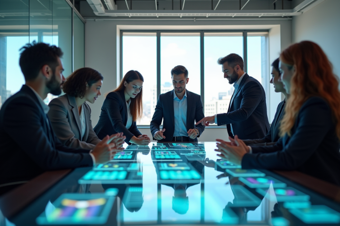 Groupe de jeunes professionnels autour d'une table futuriste en réunion