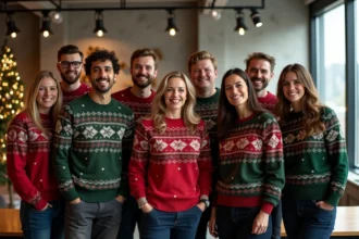 Équipe de collègues en pulls de Noël personnalisés aux couleurs de l'entreprise dans un open space moderne