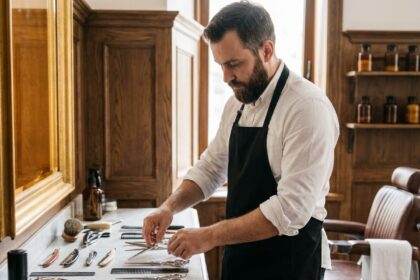Barbier professionnel arrangeant ses équipements et fournitures sur le comptoir d'un salon de coiffure classique