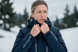Femme portant une veste de ski haut de gamme mal ajustée au col sur une piste enneigée, illustrant les erreurs de confort dans les vêtements de ski premium
