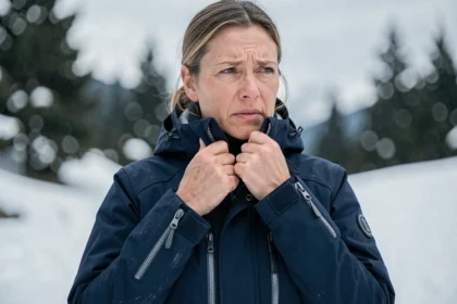 Femme portant une veste de ski haut de gamme mal ajustée au col sur une piste enneigée, illustrant les erreurs de confort dans les vêtements de ski premium