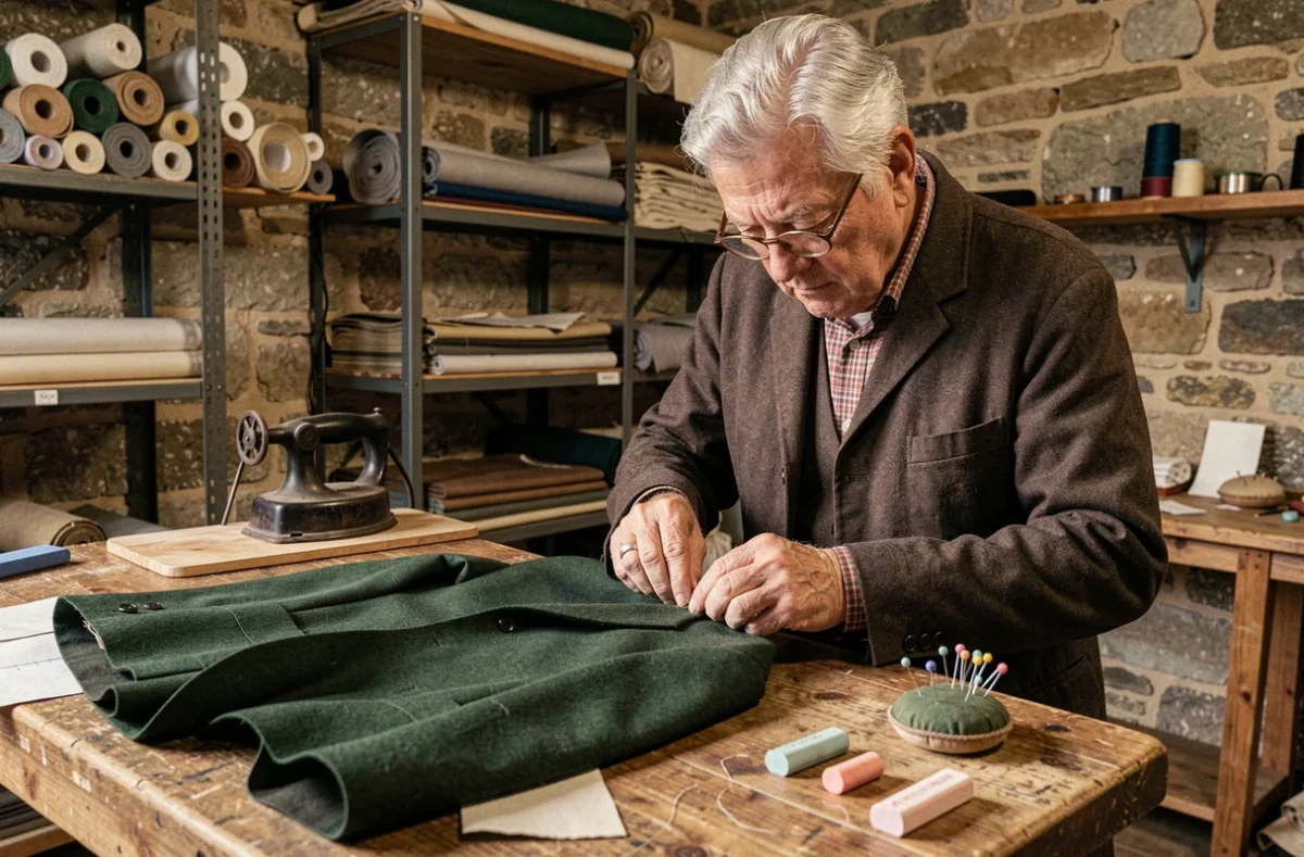 Maître tailleur cousant à la main une boutonnière sur un veston en laine dans son atelier artisanal à Boulzicourt