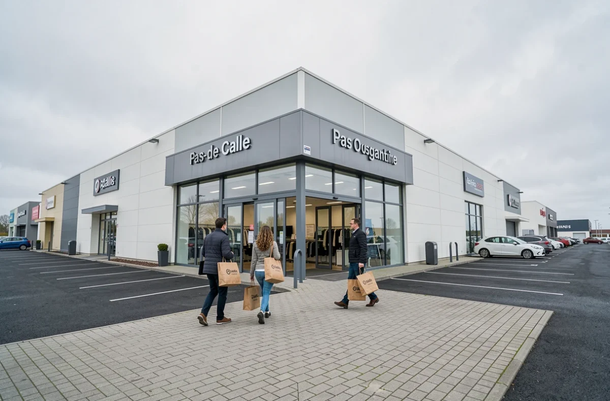 Façade extérieure d'un grand magasin de vêtements en zone commerciale à Noyelles-Godault, avec des clients à l'entrée