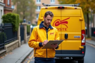 Facteur La Poste en uniforme jaune officiel devant un véhicule de livraison dans une rue résidentielle française