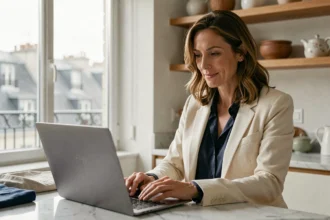Femme de 40 ans élégante consultant le site JOHANNA Paris sur un ordinateur portable dans un appartement parisien moderne