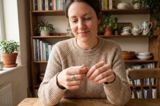 Femme contemplant un anneau en gemstone dans un intérieur cosy