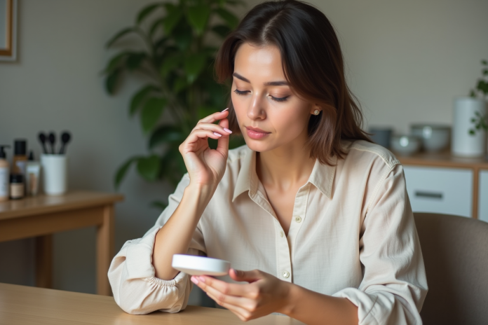 Femme examinant un produit de beauté dans un cadre naturel