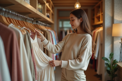 Jeune femme dans une boutique de vetements moderne