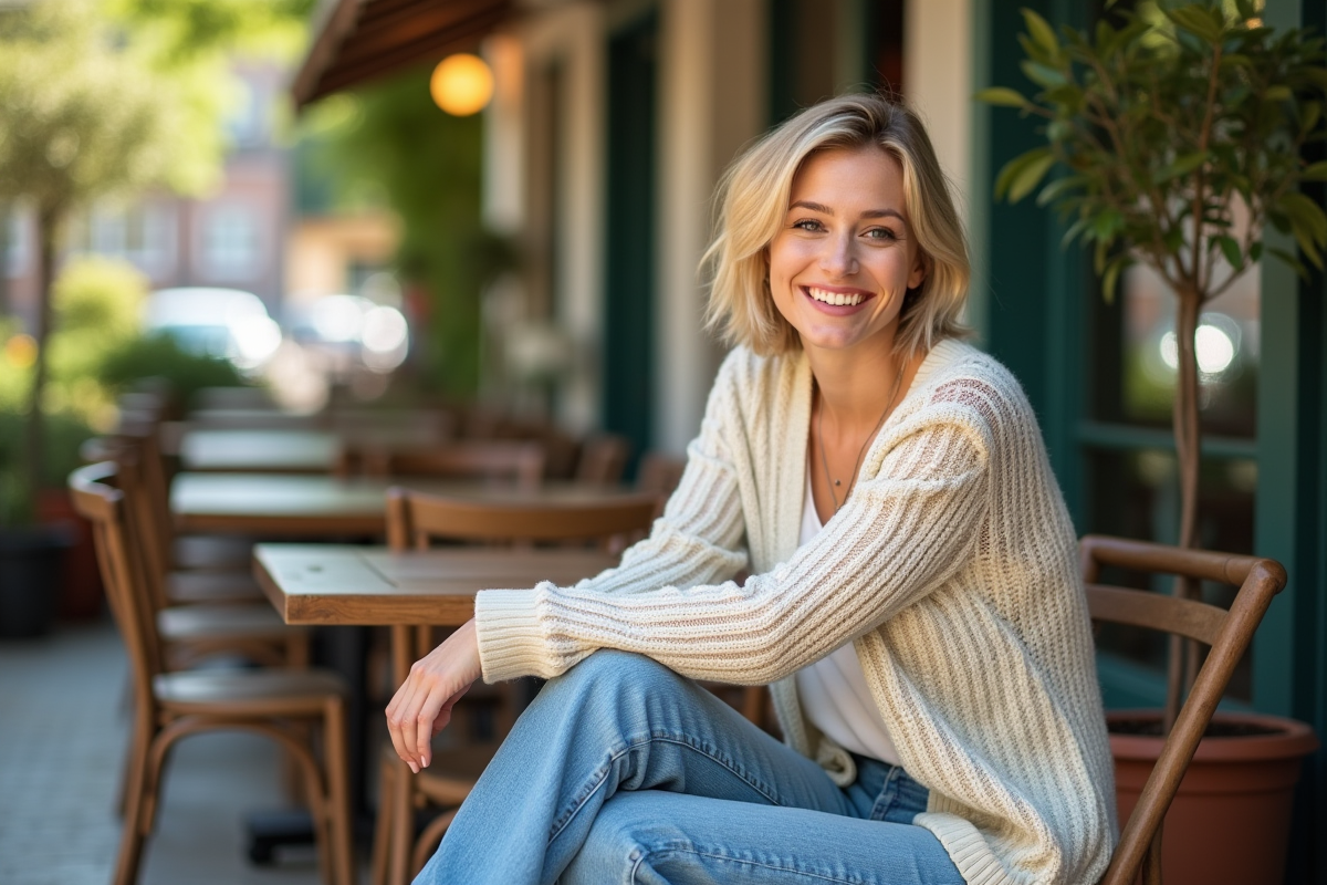 Femme souriante en terrasse de café en matinée
