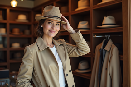 Femme élégante ajustant un fedora dans une boutique de chapeaux