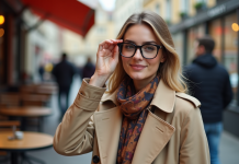 Tendance lunettes : quel modèle adopter cette saison ? Femme élégante ajustant ses lunettes dans un café urbain
