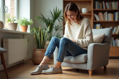 Femme d'âge moyen en jeans et pull doux essayant des chaussures confortables dans un salon lumineux