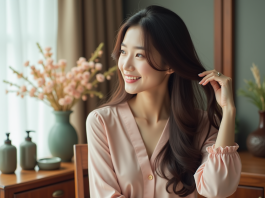 Femme coreenne aux longs cheveux brillants et sourire naturel