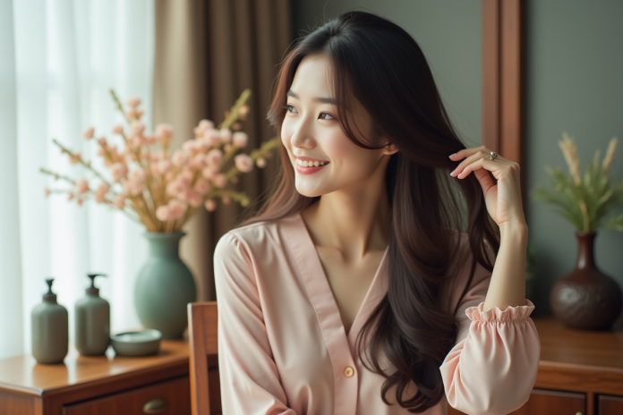 Femme coreenne aux longs cheveux brillants et sourire naturel