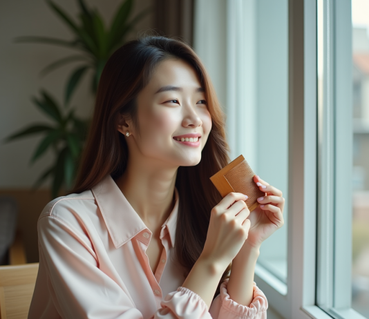 Cheveux Coréennes : secrets beauté pour de beaux cheveux sains et brillants Femme coréenne coiffant ses cheveux naturels dans un intérieur cosy