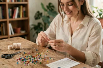 Jeune femme assemblant un bracelet DIY avec des perles colorées sur une table en bois rustique