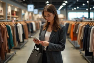 Femme examinant une étiquette de prix dans un magasin de déstockage de vêtements de marque