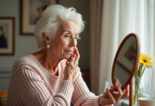 Maquillage après 75 ans : conseils efficaces pour sublimer votre beauté Femme âgée appliquant du blush dans un miroir lumineux