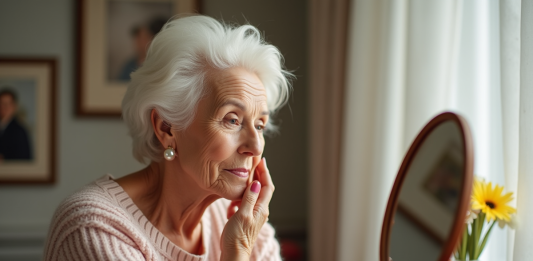 Maquillage après 75 ans : conseils efficaces pour sublimer votre beauté Femme âgée appliquant du blush dans un miroir lumineux